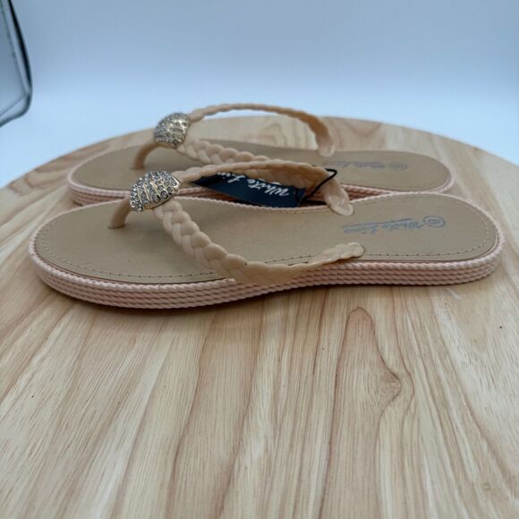 Rhinestone Shell Sandals Womens 8 Beige Braided Thong Slip On Beach Pool NWT - Picture 3 of 5